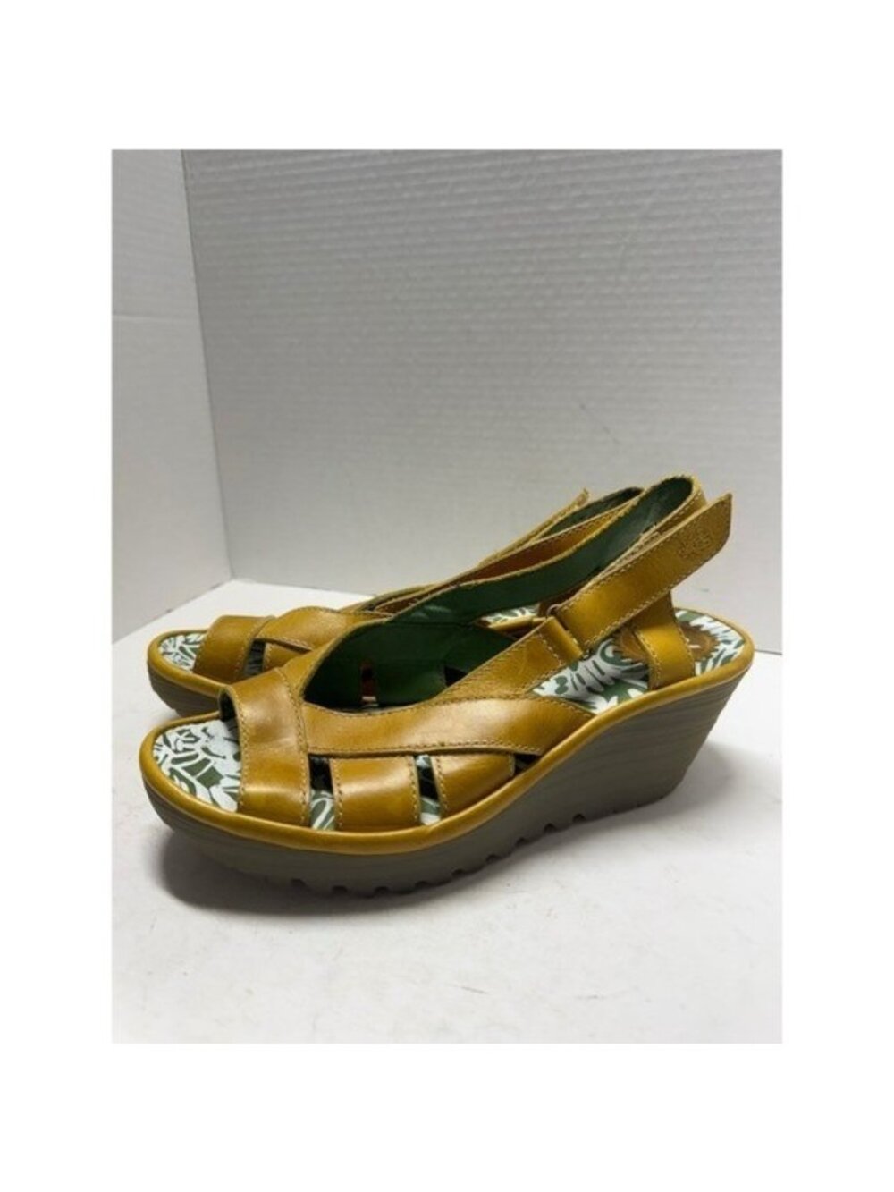Fly London Yuma Mustard Yellow Leather Wedge Slingback Sandals EU 38 7.5
